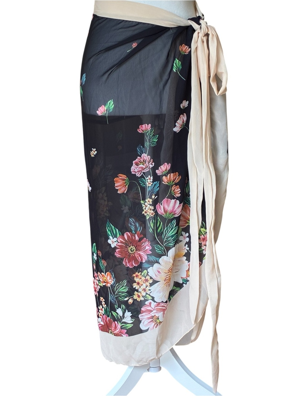 Dark Navy Floral Sheer Midi Swim Sarong Cream Tie Coverup Vacation Beach XL